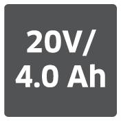 Napis na baterii wskazuje '20V / 4.0 Ah', co oznacza napięcie i pojemność baterii.