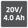 Napis na baterii wskazuje '20V / 4.0 Ah', co oznacza napięcie i pojemność baterii.