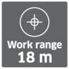 Zasięg pracy 18 m oraz symbol celu na szarym kwadracie.