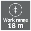Zasięg pracy 18 m oraz symbol celu na szarym kwadracie.