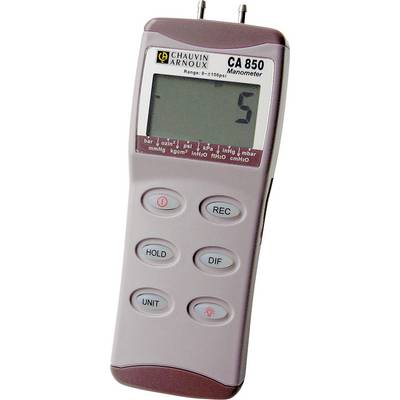 Przenośny manometr z wyświetlaczem LCD. Wyświetla wartość. Przyciski 'REC', 'HOLD', 'DIF', 'UNIT'. Marka 'Chauvin Arnoux', model 'CA 850'.
