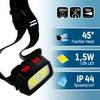 Czołówka z regulowanym paskiem, 1,5W LED COB, 185 lumenów. Wodoodporna IP44, o zasięgu 50 metrów i głowicy obrotowej pod kątem 45°.