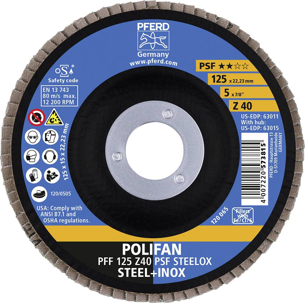 'Tarcza szlifierska o średnicy 125 mm. Oznaczenie: PFERD, typ PSF Z 40. Odpowiednia do stali i stali nierdzewnej. Prędkość: 12.200 obr./min.'