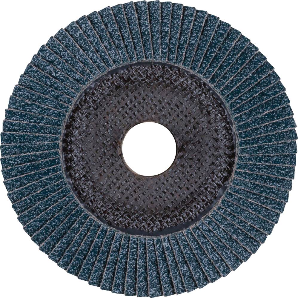 Tarcza ścierna z lamelkami promieniowymi, okrągła, ciemnoszara, z otworem w środku, do obróbki metalu.