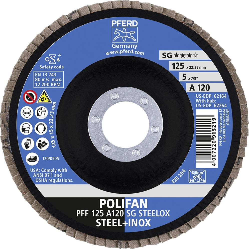 Tarcza szlifierska z napisem 'POLIFAN PFF 125 A120 SG STEELOX STEEL+INOX', średnica 125 mm, maks. 12.000 obr./min, Made in Germany.