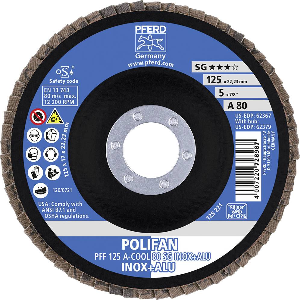 Tarcza szlifierska do metalu. Napis: 'POLIFAN PFF 125 A-COOL 80 SG INOX+ALU'. Średnica: 125 mm, otwór: 22,23 mm.