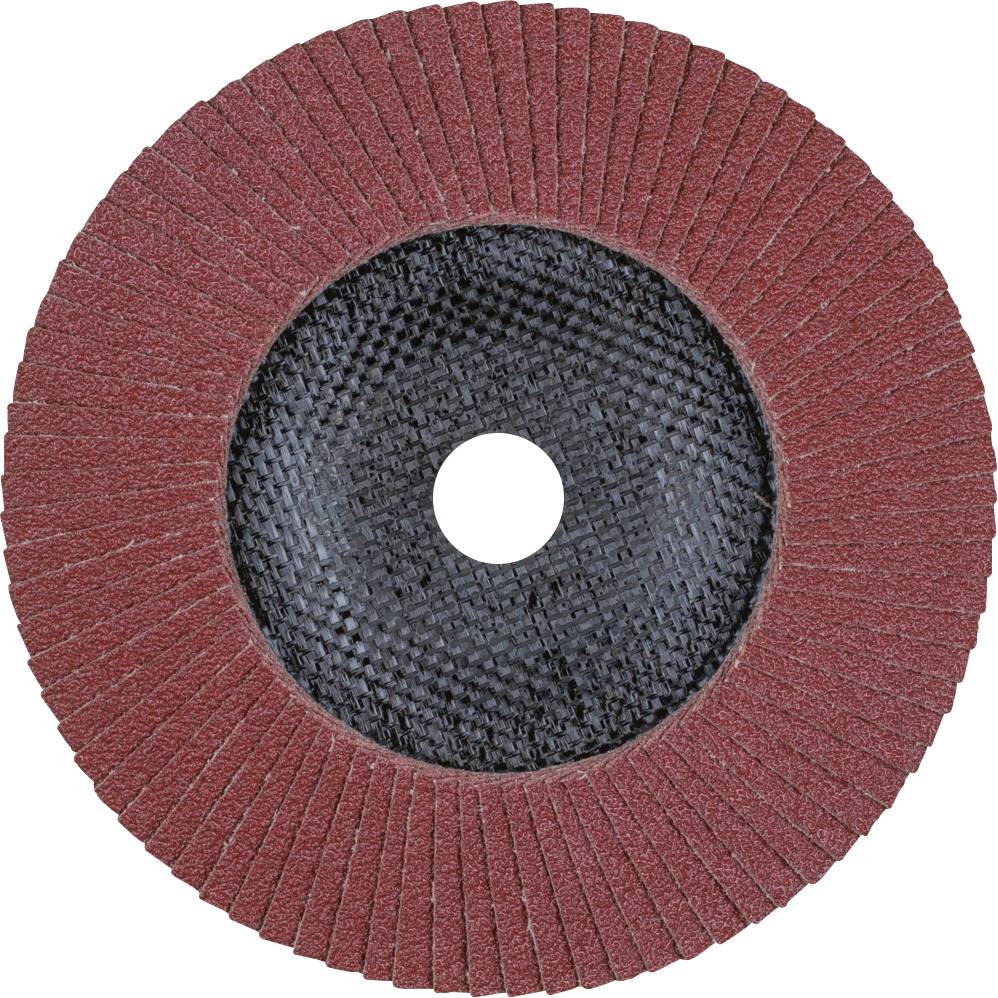 Czerwona tarcza szlifierska z wieloma lamelami ułożonymi promieniście wokół centralnego otworu. Stosowana głównie do prac szlifierskich.