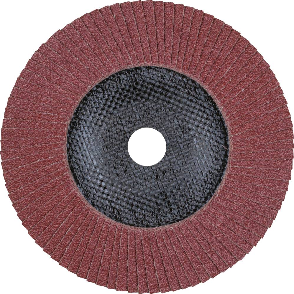 Okrągła tarcza szlifierska wykonana z czerwonego papieru ściernego z koncentrycznymi warstwami wokół centralnego otworu. Stosowana głównie do obróbki metalu lub drewna.
