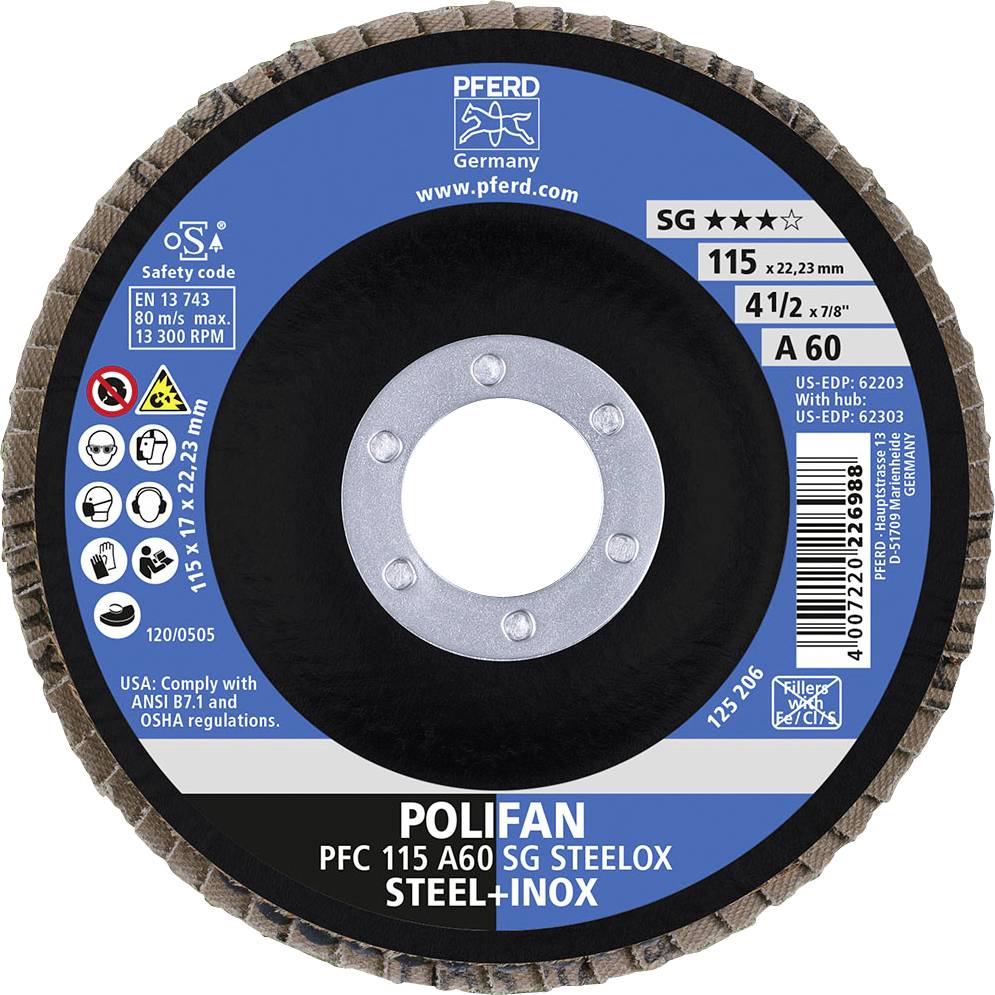 'Tarcza szlifierska POLIFAN firmy Pferd, rozmiar 115 x 22,23 mm, odpowiednia do stali i stali nierdzewnej, maks. obr./min 13.300, z kodem bezpieczeństwa OSA.'