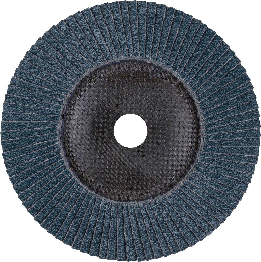 Okrągła tarcza szlifierska wykonana z listków ściernych w ciemnoniebieskim kolorze z czarnym środkiem i otworem pośrodku.