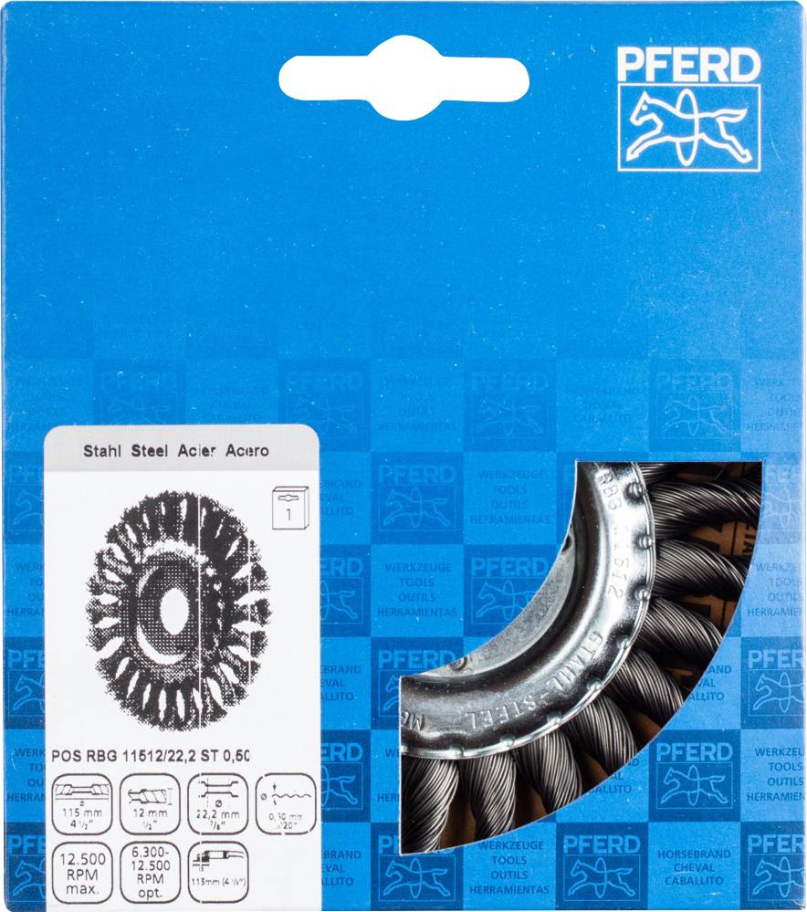 Opakowanie szczotki drucianej firmy 'PFERD' ze szczegółami technicznymi: 'Stal', 'Ace', maksymalna prędkość obrotowa '12.500 obr./min', średnica '80 mm'.