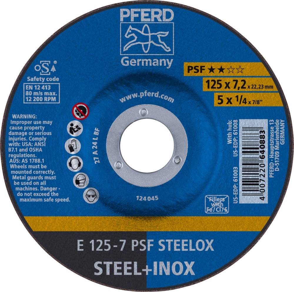 PFERD TOOLS 62012640 Кутовий відрізний диск Psf Steelox Діаметр 125 мм Діаметр отвору 22,23 мм 10 шт.