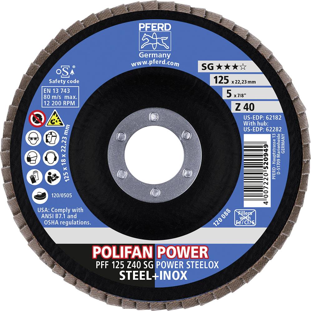 Tarcza tnąca ze stali do obróbki metalu. Napis: 'POLIFAN POWER', 'STEEL+INOX', rozmiar 125 x 22,23 mm, z informacjami bezpieczeństwa i produktowymi.