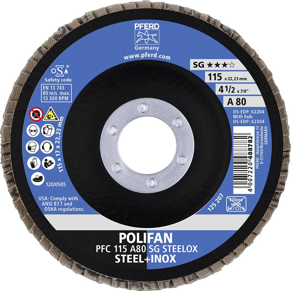 Tarcza szlifierska 'POLIFAN PFC 115 A80 SG STEELOX', średnica 115 mm. Odpowiednia do stali i stali nierdzewnej. Producent: PFERD.