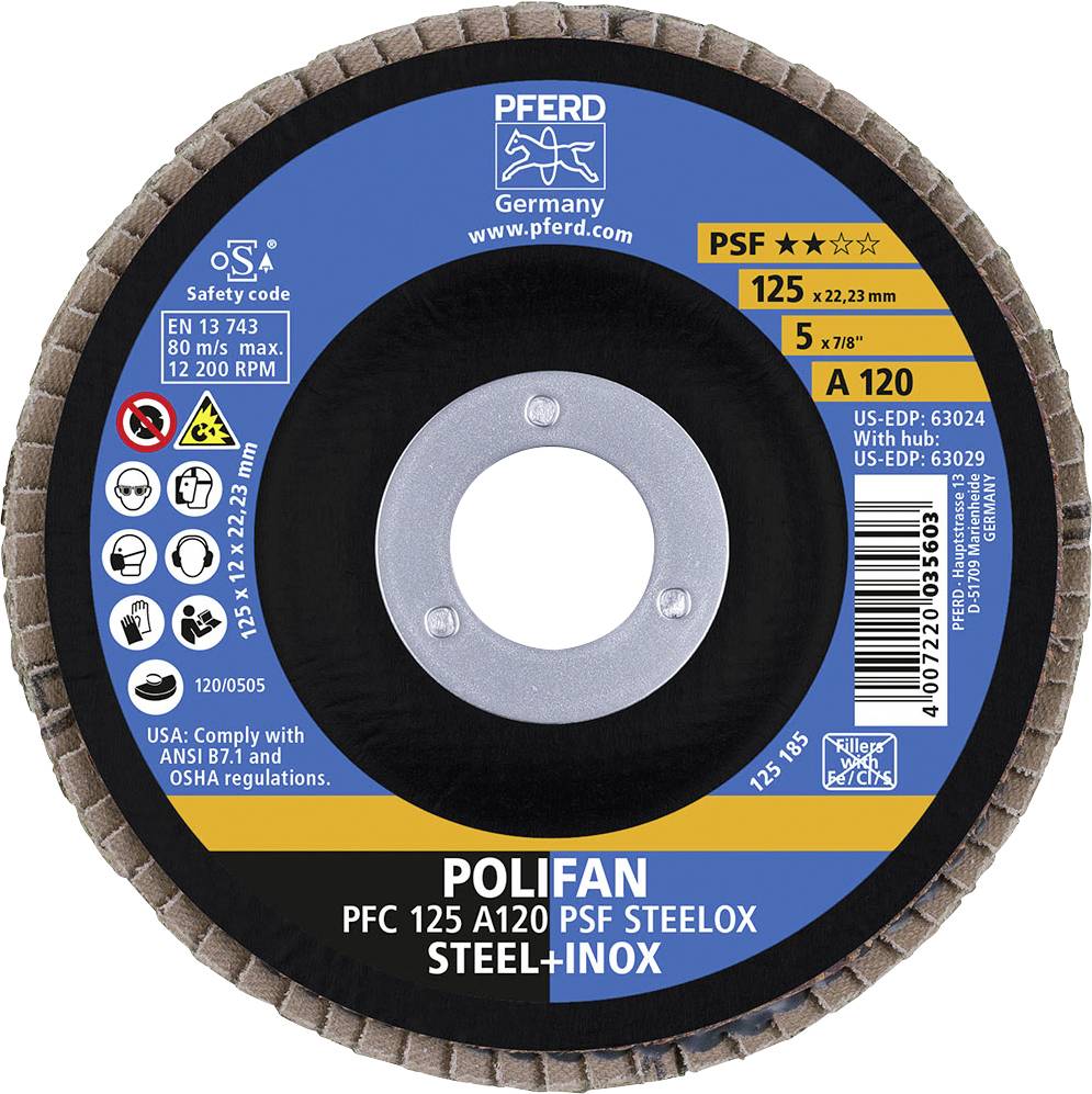 'Tarcza szlifierska Pferd Polifan, 125 mm średnicy, PSF ste Elox A120, 12.200 obr./min, odpowiednia do stali i stali nierdzewnej. Wyprodukowane w Niemczech.'