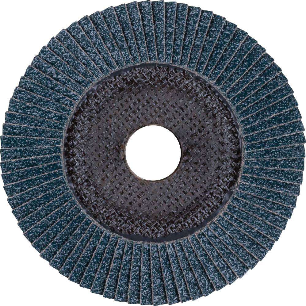 Okrągła tarcza szlifierska z nakładającymi się lamelkami i centralnym otworem mocującym, stosowana do obróbki powierzchni różnych materiałów.