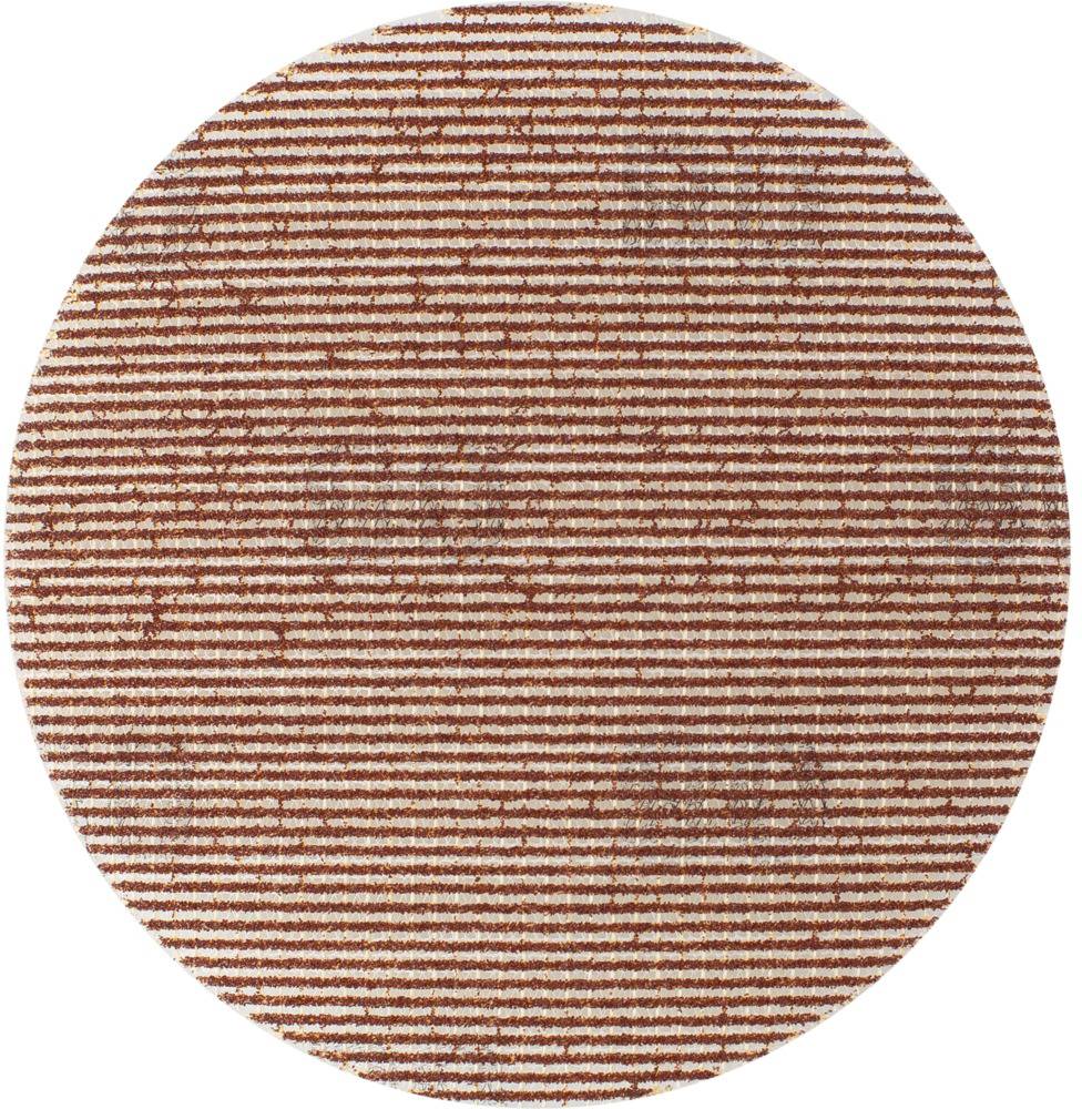 Owalny obszar z gęsto ułożonymi poziomymi pasami w kolorach czerwonym i białym na białym tle.