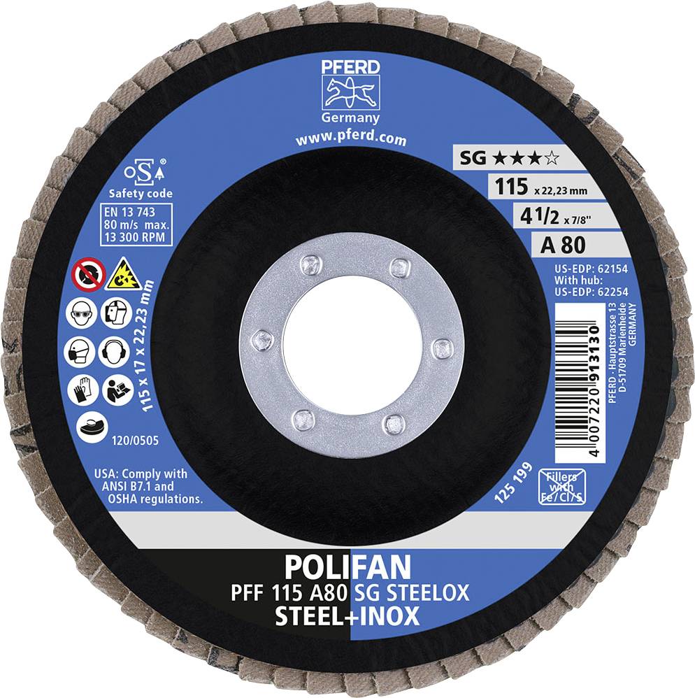 Tarcza szlifierska marki Pferd, model Polifan PFF 115 A80 SG SteeLox, odpowiednia do stali i stali nierdzewnej, średnica 115 mm, maks. 13.300 obr./min.