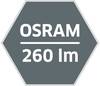 Sześciokątne logo z napisem 'OSRAM 260 lm' w kolorze białym na szarym tle, symbolizujące strumień świetlny w lumenach.