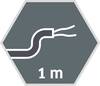 Sześciokątny symbol z uszkodzonym przewodem i napisem '1 m', przedstawiający ostrzeżenie bezpieczeństwa dotyczące minimalnej odległości bezpiecznej.