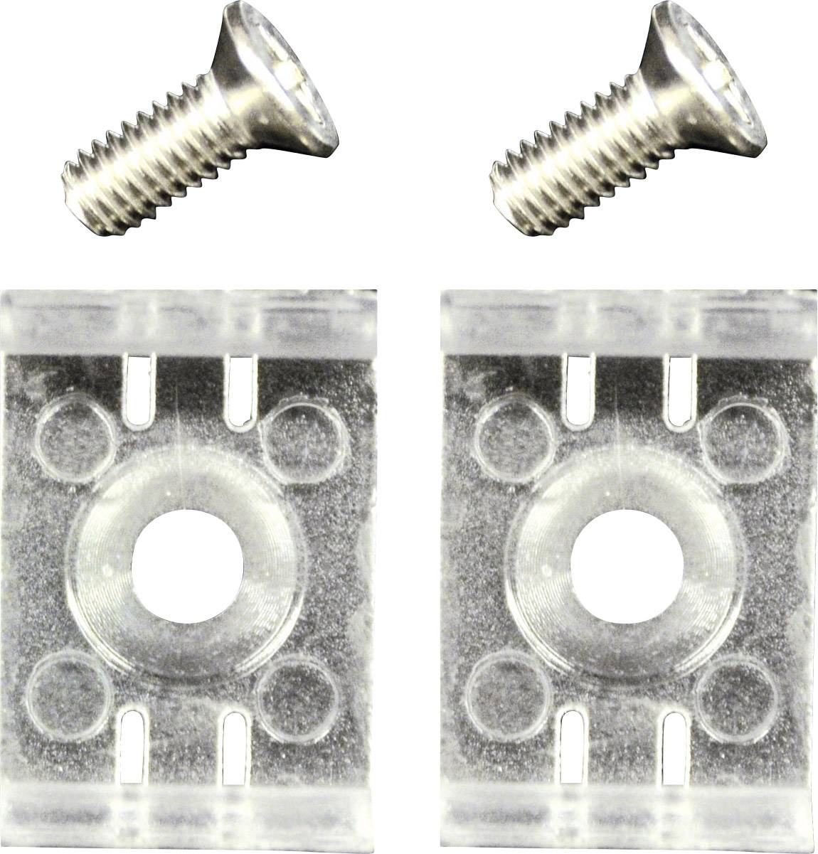 Dwie przezroczyste zaciski z tworzywa sztucznego, każdy z centralnym otworem na śruby, towarzyszą im dwie metalowe śruby.