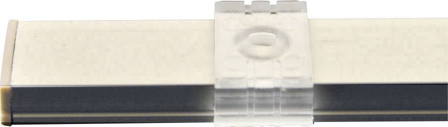Prostokątny, przezroczysty klips z tworzywa sztucznego na płaskim metalowym pasku, prawdopodobnie służący do mocowania.