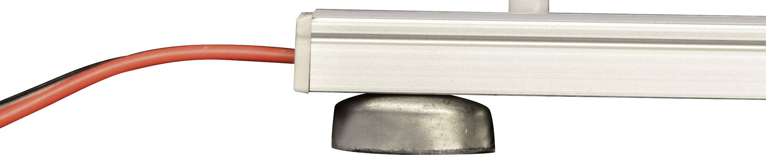 Srebrna metalowa szyna z czerwonym przewodem i małą, okrągłą podstawą magnetyczną poniżej.