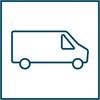 Prosta ikona samochodu dostawczego na białym tle, przedstawiająca transport lub dostawę.