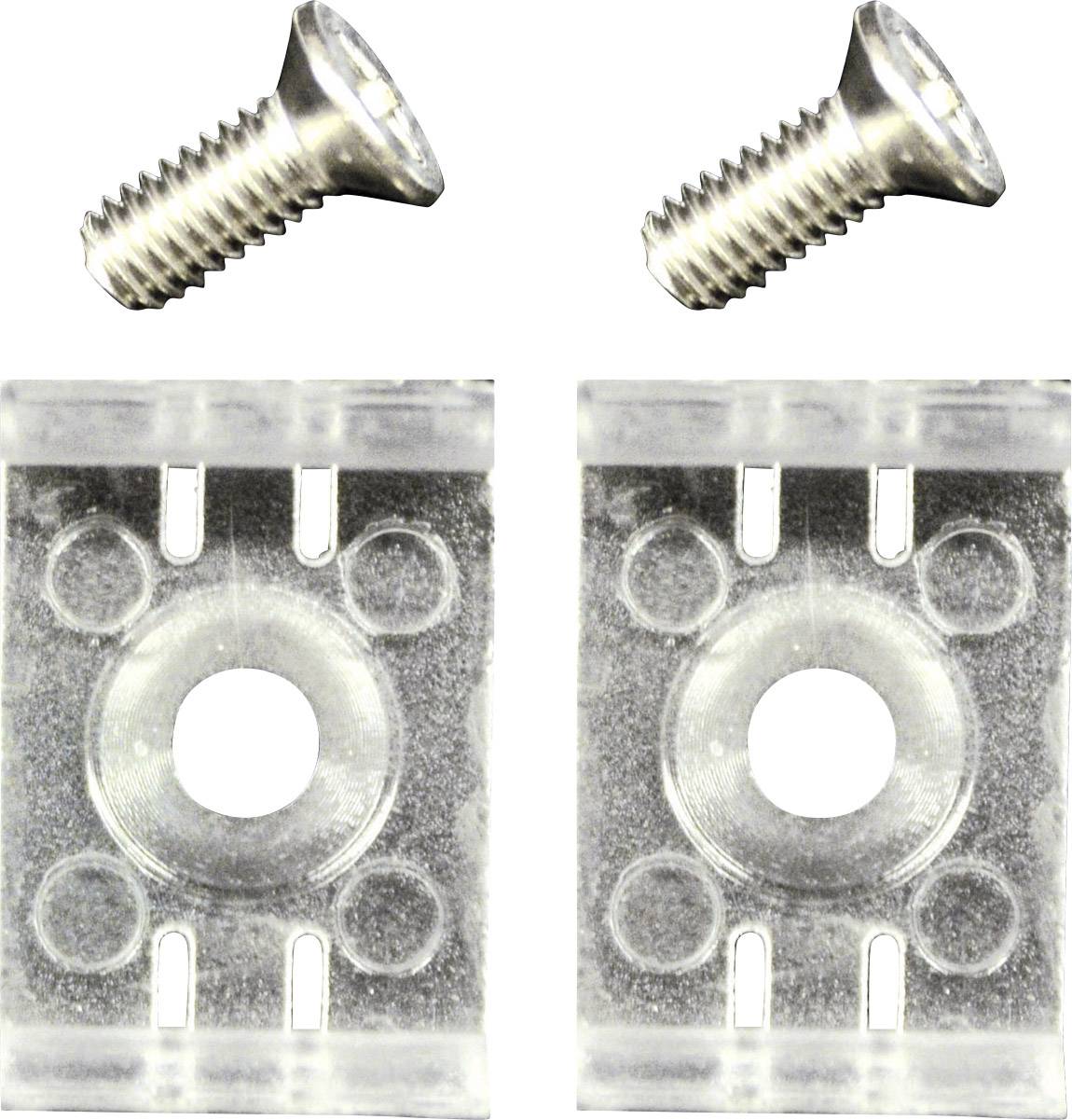 Dwie metalowe śruby i dwie przezroczyste uchwyty plastikowe, odpowiednie do celów mocujących.