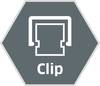 Sześciokątny symbol z wycentrowanym stylizowanym spinaczem. Poniżej znajduje się napis 'Clip'.