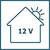Prosty symbol: Dom z napisem '12 V' pośrodku, słońce w prawym górnym rogu. Prawdopodobnie symbolizuje energię słoneczną lub napięcie w domu.