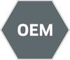 Sześciokątne logo z napisem 'OEM' białymi literami na szarym tle.
