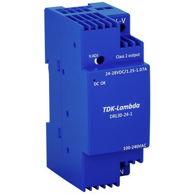Niebieskie urządzenie elektryczne z napisem 'TDK-Lambda DRL30-24-1'. Wyświetla szczegóły dotyczące napięcia wejściowego i wyjściowego.