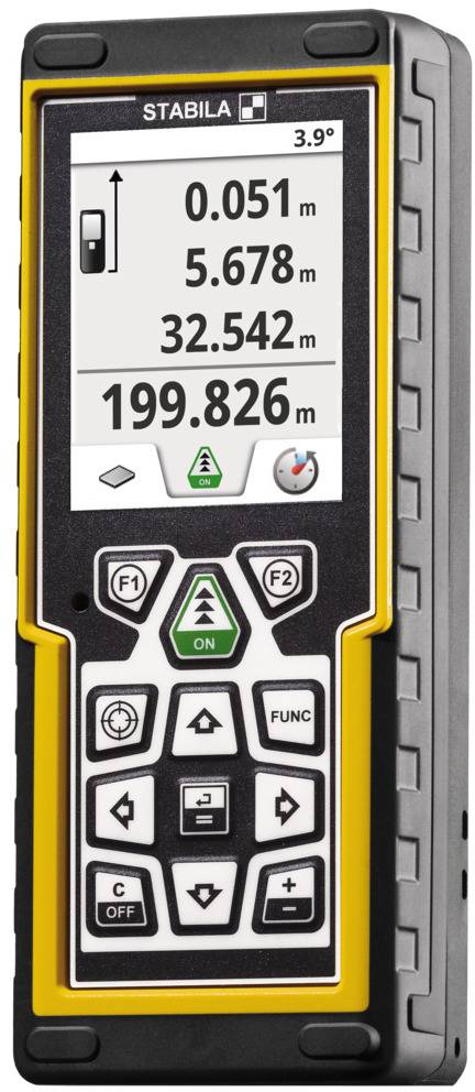 Laserowy miernik odległości z wyświetlaczem pokazuje różne pomiary w metrach, w tym dużą liczbę '199,826 m'.