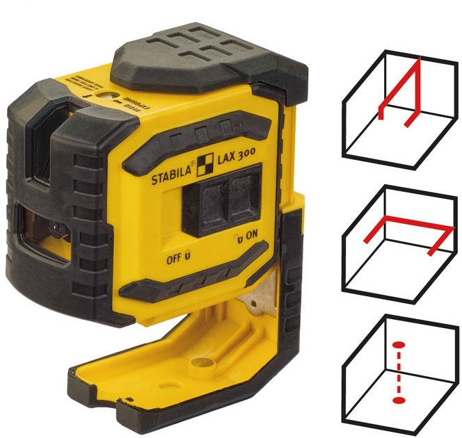 Żółty laserowy przyrząd pomiarowy z napisem 'STABILA LAX 300' przedstawia trzy grafiki: projekcję pionową, poziomą i punktową.