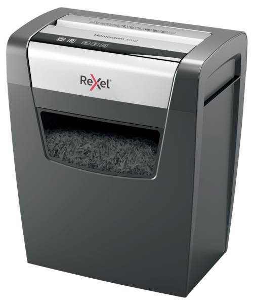 Шредер Rexel Momentum X312 на 12 аркушів. Ріже на дрібні шматочки 5 x 42 мм. P-3 23 л. Також подрібнює скоби та скріпки.