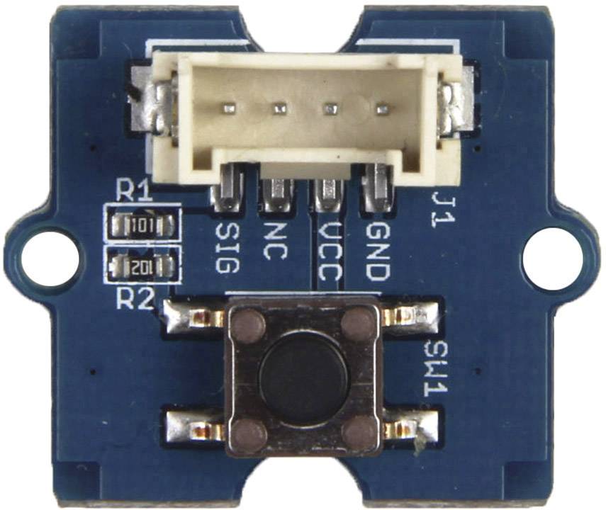 Zbliżenie niebieskiej karty modułowej przedstawia centralny przycisk naciskowy, kilka rezystorów oraz złącze z oznaczeniami takimi jak VCC i GND.