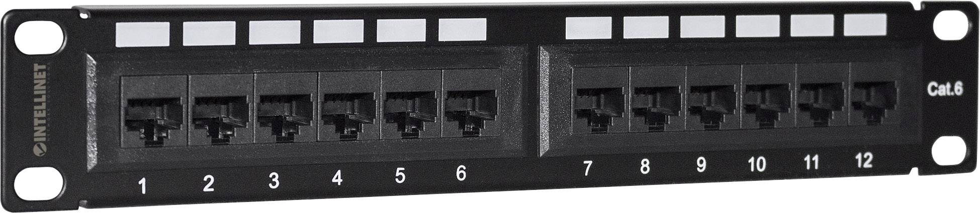 'Patch panel kategorii 5 z 12 portami Ethernet, ponumerowanymi od 1 do 12, odpowiedni do instalacji sieciowych w serwerowni.'