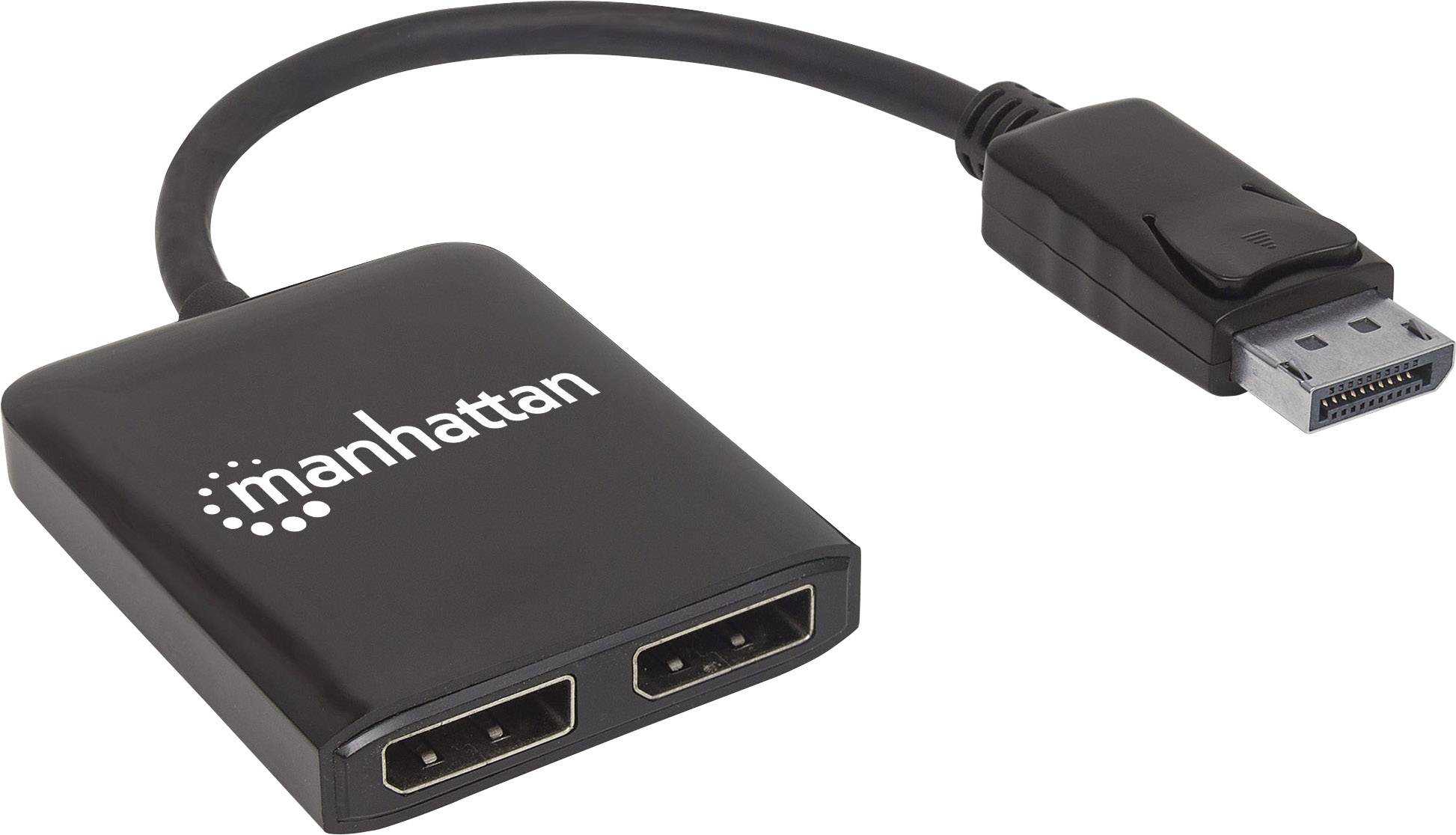 Czarny adapter z dwoma wyjściami HDMI i jednym wejściem DisplayPort. Na adapterze widnieje nazwa marki 'manhattan'.