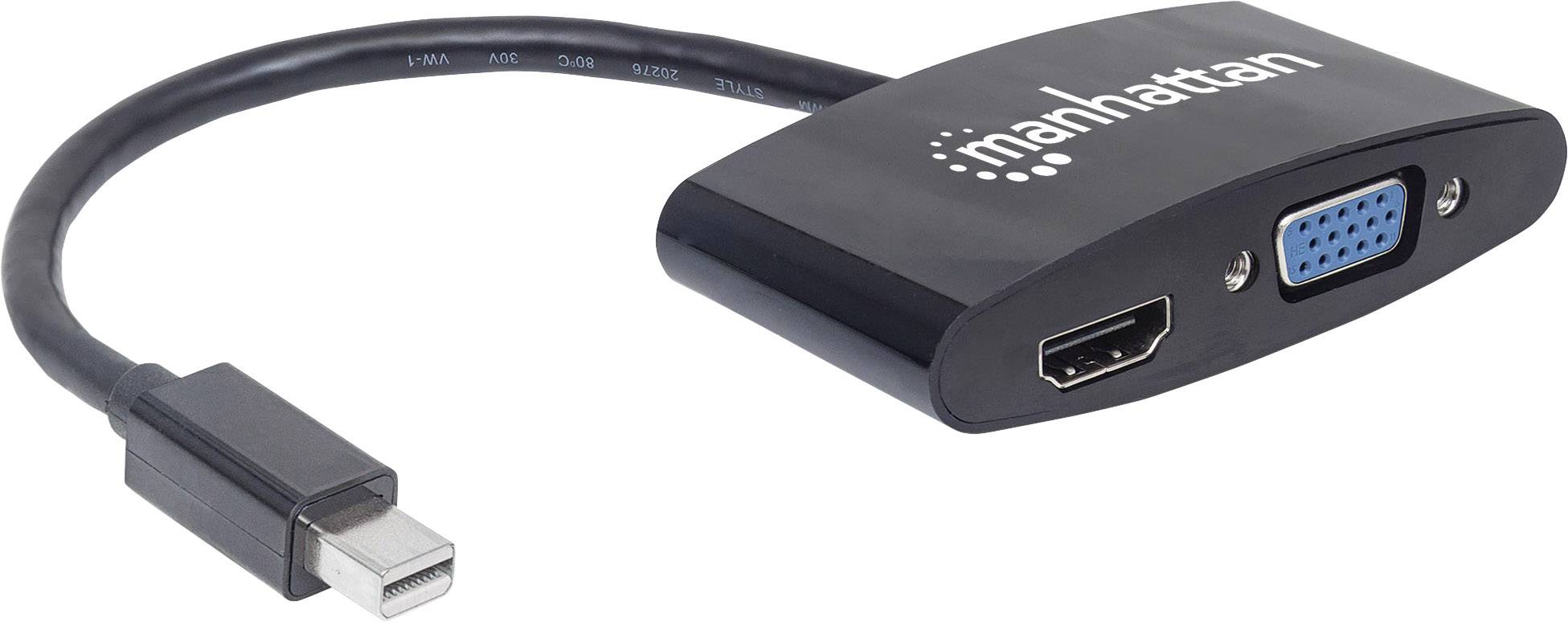Czarny adapter z wtyczką Mini DisplayPort oraz dwoma portami: HDMI i VGA. Nazwa marki 'manhattan' na górnej powierzchni.