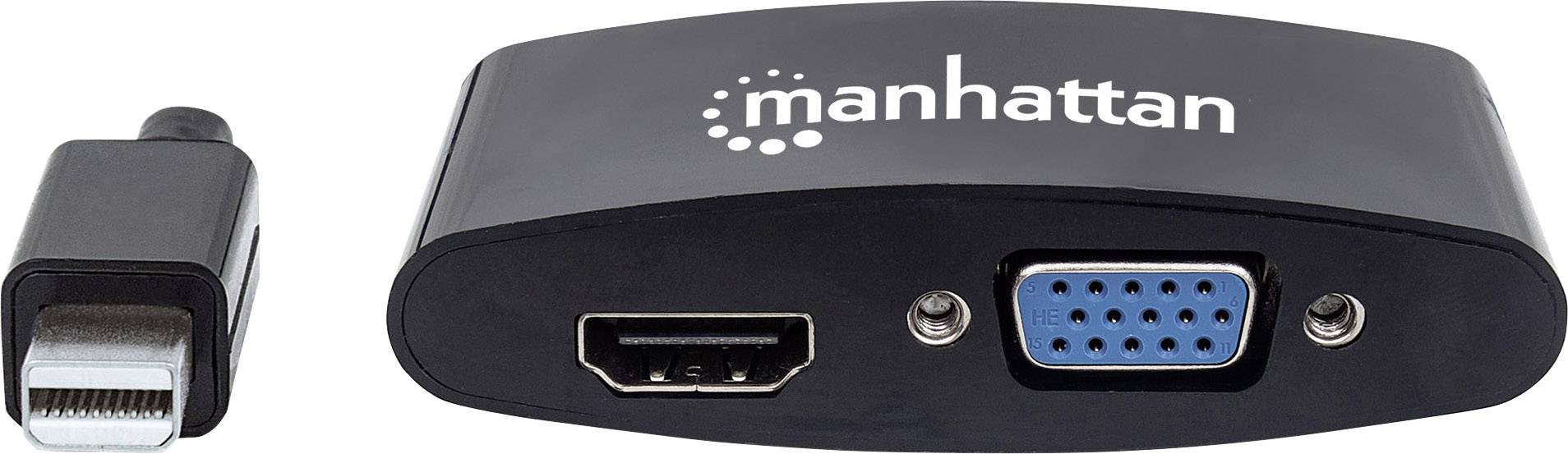 Czarny adapter z logo 'manhattan'. Po lewej: wtyk Mini DisplayPort, po prawej: złącza HDMI i VGA.