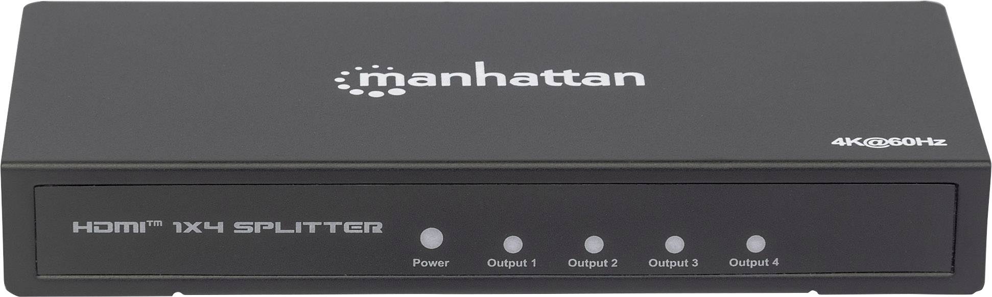 Czarny rozdzielacz HDMI firmy Manhattan z czterema wyjściami i wskaźnikiem pracy. Obsługuje rozdzielczość 4K przy 60 Hz.