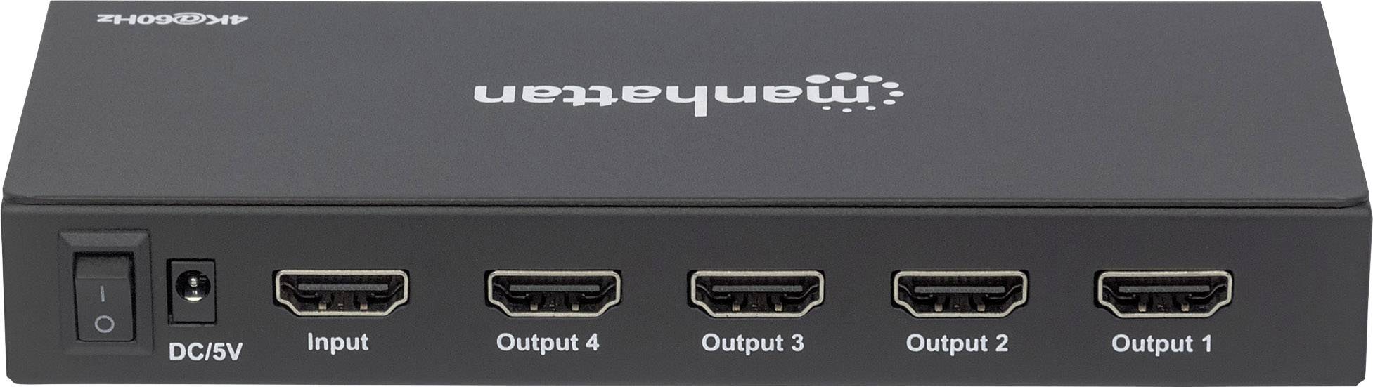 Rozdzielacz HDMI z pięcioma portami: jedno wejście i cztery wyjścia. Oznaczenia: 'Wejście', 'Wyjście 1-4', przełącznik zasilania po lewej stronie.