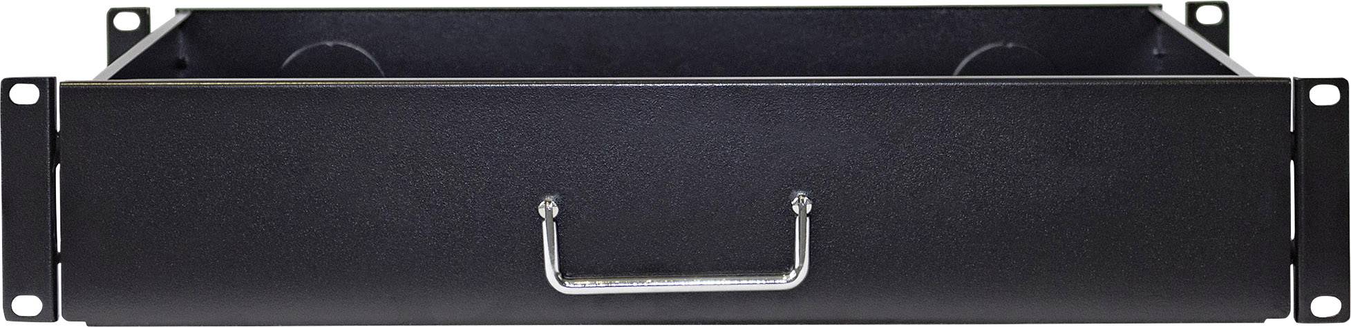 Czarna szufladka rack w stylu montażowym, z uchwytem z przodu i otworami montażowymi po bokach do zamocowania.