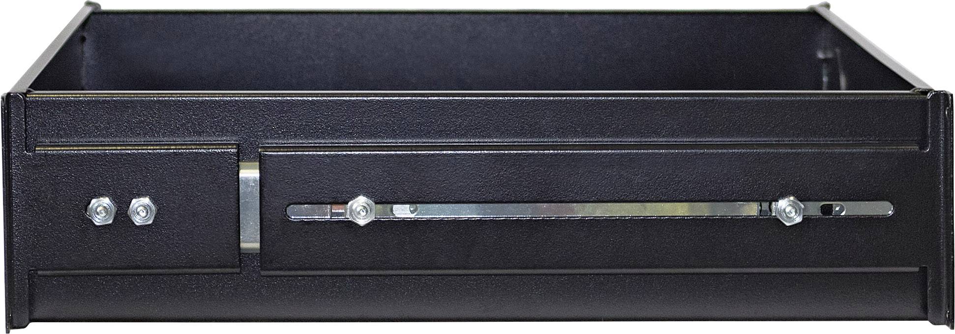 Czarna metalowa skrzynka z wysuwną szufladą, zabezpieczona z przodu śrubami i metalową listwą. Zaawansowany mechanizm blokujący.