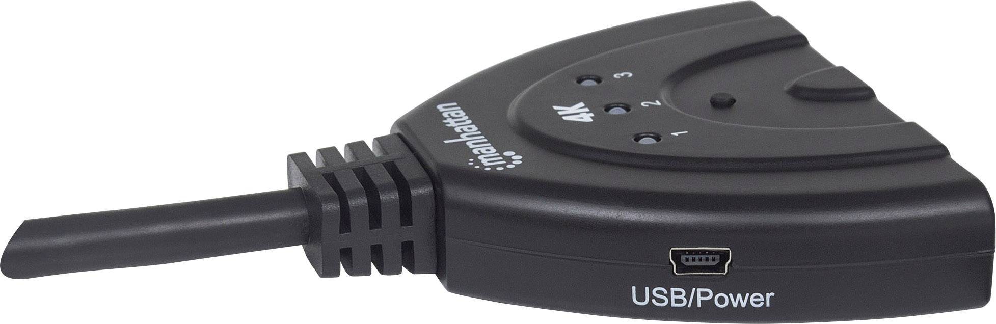 Czarny rozdzielacz HDMI z napisem 4K, trzema portami i złączem USB/zasilania z boku, oznaczony napisem 'triphase'.