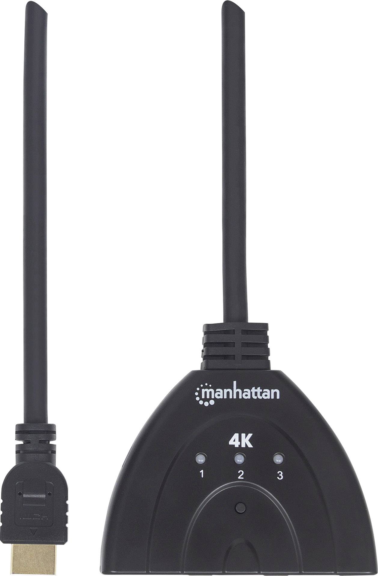 Przewód HDMI podłączony do czarnego rozgałęziacza HDMI z trzema wyjściami oraz anteną. Napisy: 'manhattan' i '4K'.