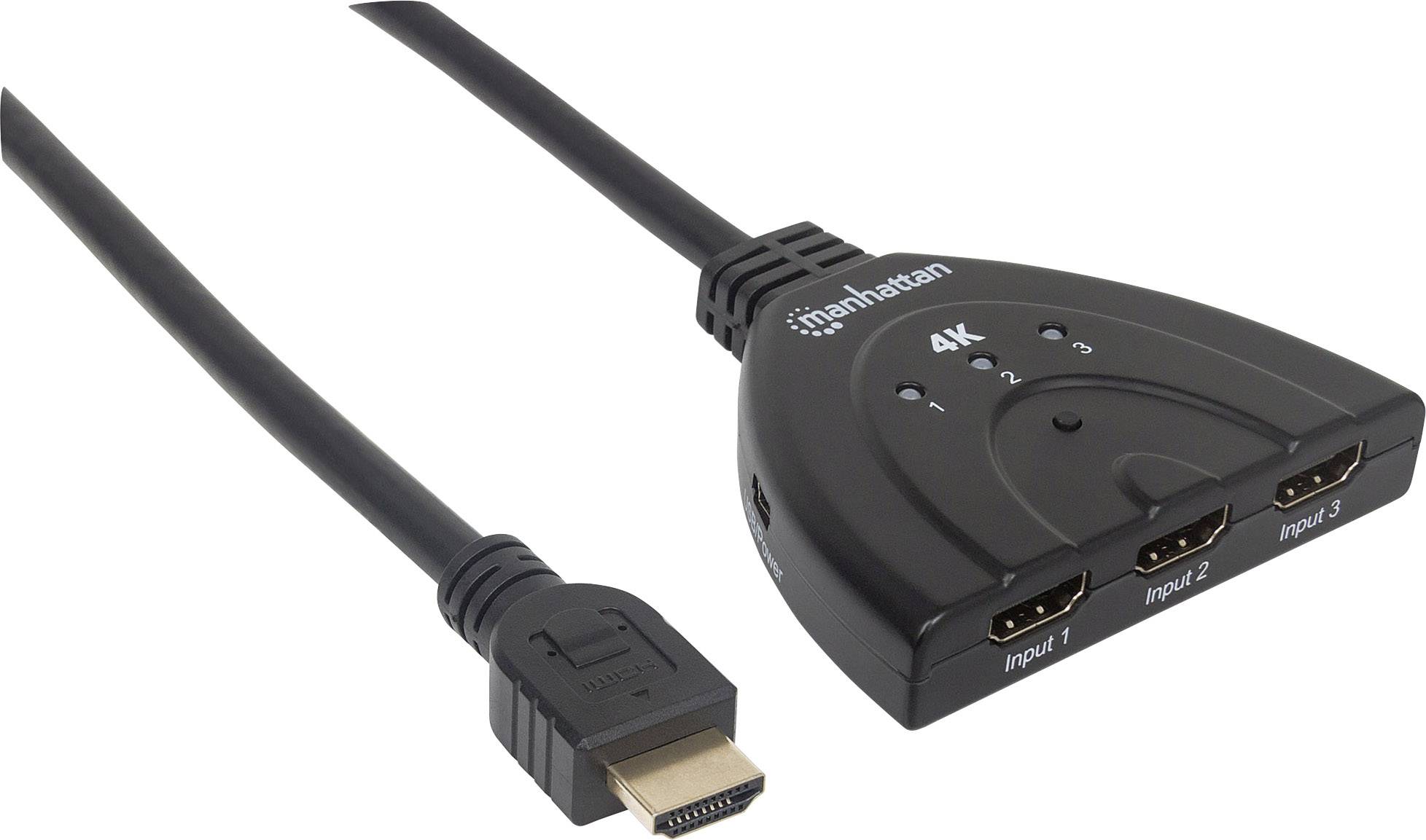 Potrójna rozdzielnica HDMI firmy Manhattan z obsługą 4K. Jeden kabel HDMI jest podłączony, widoczne są trzy porty wejściowe.