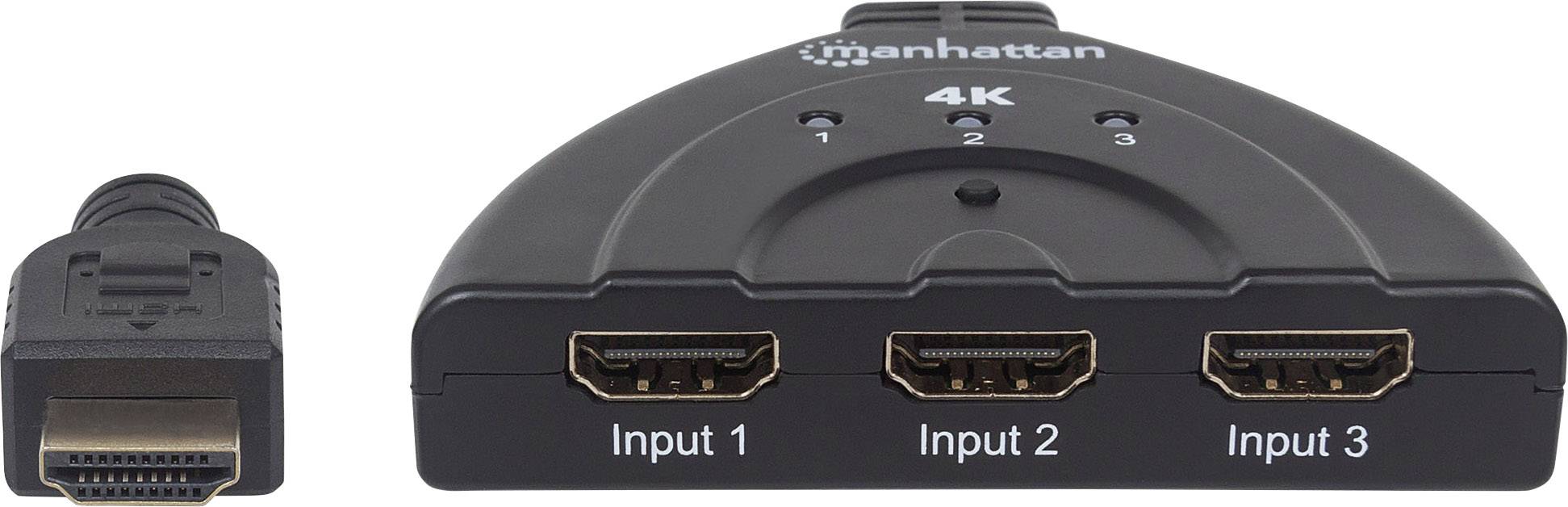 Rozgałęziacz HDMI firmy Manhattan z trzema wejściami do rozdzielczości 4K. Pokazuje wtyk wejścia HDMI po lewej stronie.