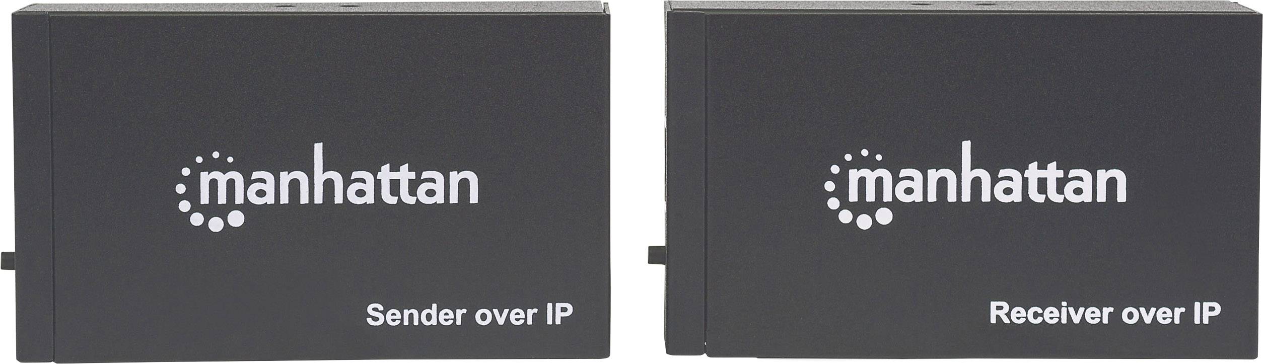 Dwa czarne urządzenia obok siebie: po lewej stronie 'manhattan Nadajnik przez IP', po prawej stronie 'manhattan Odbiornik przez IP' do cyfrowej transmisji sygnału.